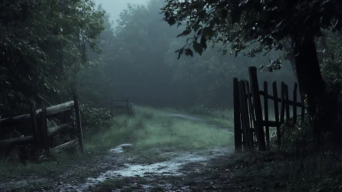 Rain-soaked forest path with broken wooden fence at dusk.
