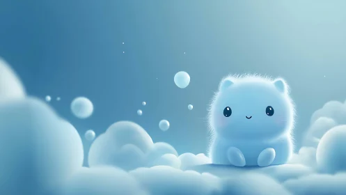 Fluffy blue creature sitting among soft rounded clouds.