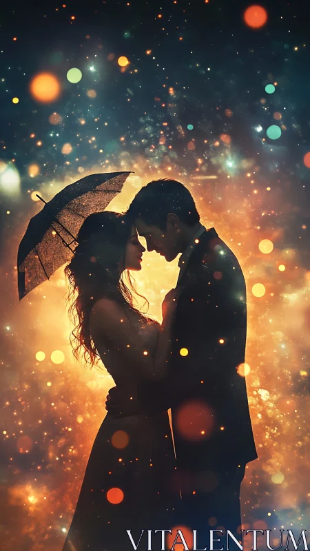 Silhouetted Couple Under Umbrella in Golden Particle Rain.