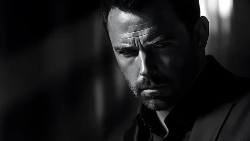 Male subject is shown in high-contrast monochrome close-up