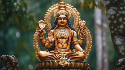 Radiant golden goddess statue offering calm forest grace.