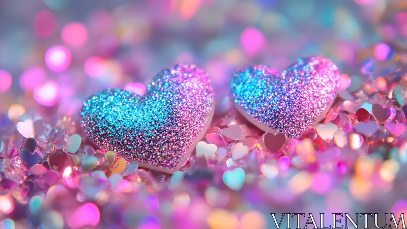 Glittered pastel hearts in dreamy bokeh confetti glow.