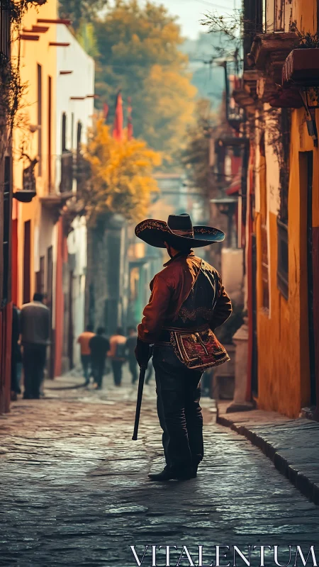 Traditional charro standing on cobblestone street at dusk.