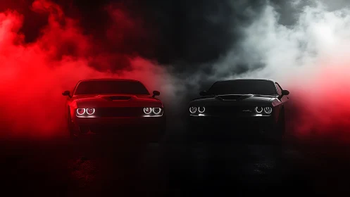 Muscle cars emerging through red and black cinematic smoke.