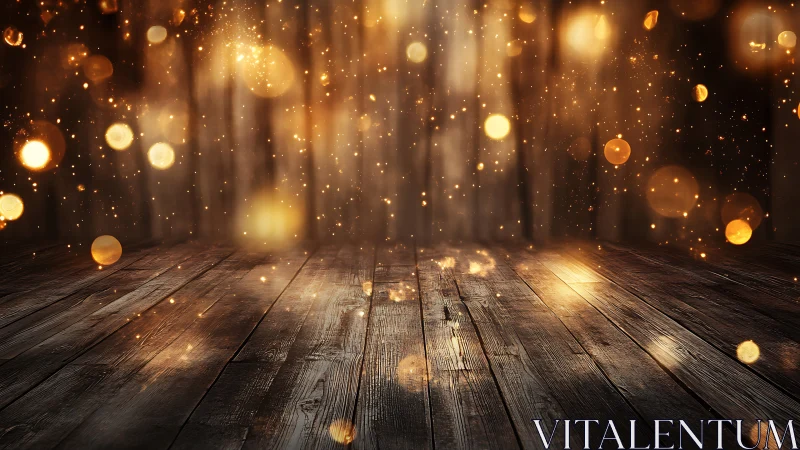 Golden bokeh lights drift above rustic wooden stage floor.