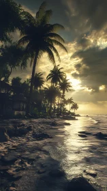 Golden sunset calm along a quiet palm-lined shoreline.