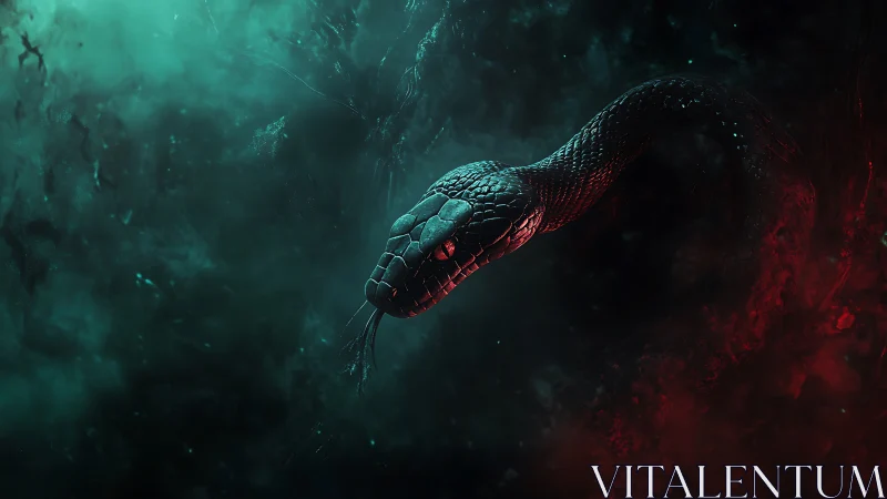 Snake head emerges from colored mist in dramatic lighting