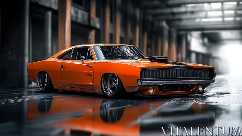 Low-slung orange muscle car render shows extreme widebody stance