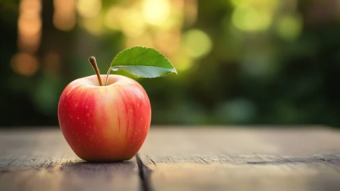 Sunlit garden apple resting on a rustic wooden table.