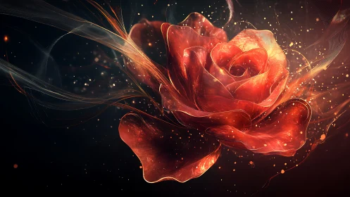 Luminescent digital rose rendered with fluid light trails