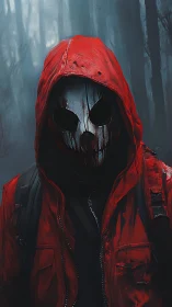 Red-hooded mask walker haunting the fog-drowned forest trail.