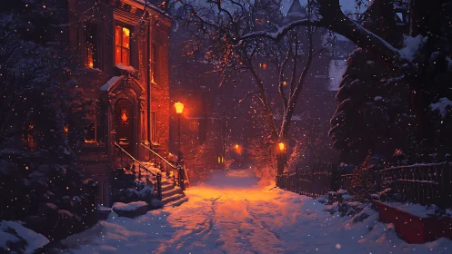 Snowy lamplit street glows with warm winter evening magic