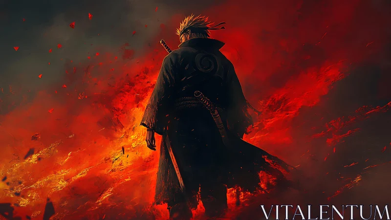 Lone warrior strides through swirling crimson firestorm.