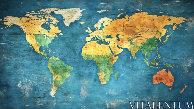 Textured political world map on distressed blue surface.