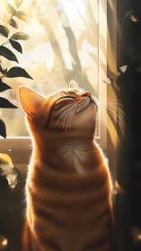 Ginger tabby cat in sunlight by window with foliage present.