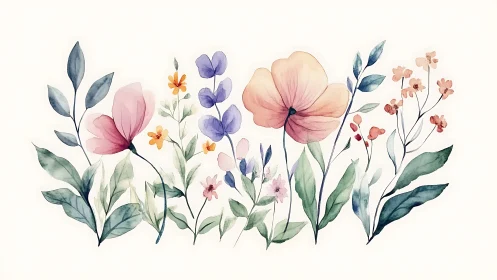 Watercolor Floral Composition with Multi-Layered Botanical Elements