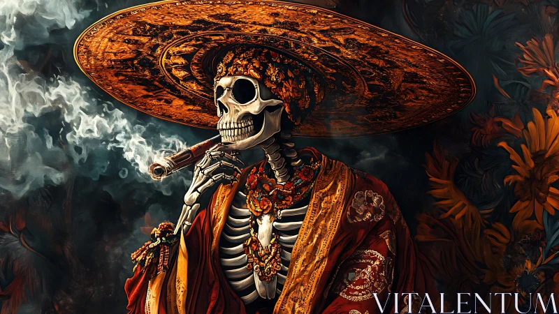 Skeletal dandy in baroque sombrero exhaling cigar smoke.