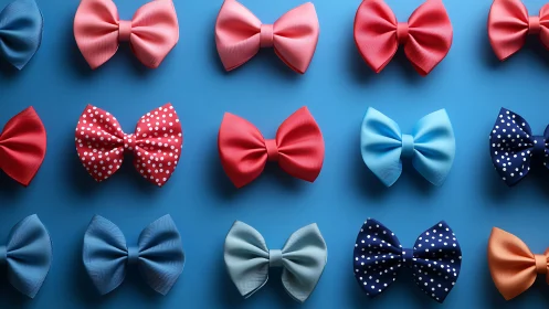 Colored bow ties arranged in a regular grid on blue surface.