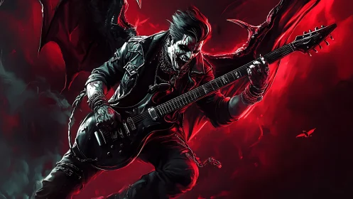 Hellborn guitar fiend shredding crimson inferno stage.