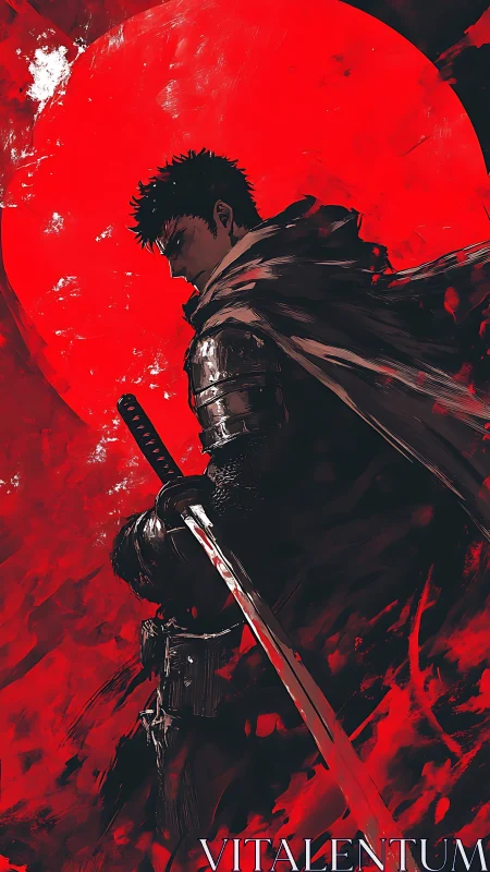 Lone swordsman beneath a blazing crimson battle moon.