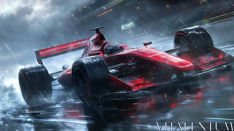 High-downforce red F1 car cornering aggressively on wet circuit