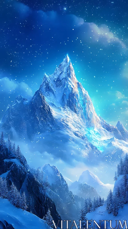 Glowing alpine peak under starry winter night sky.