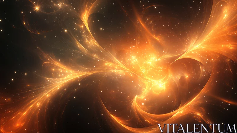 Luminous orange energy swirls across deep space field.