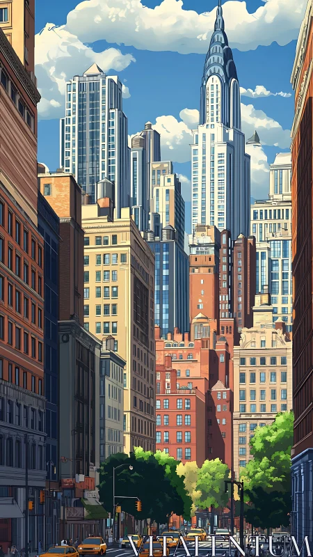 Sunlit city canyon where classic towers greet clear skies.