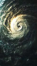 Spiraling ocean storm eye illuminated by dramatic golden light.