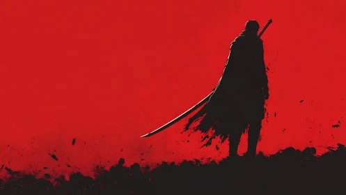 Lone shadowed swordsman on a bleeding red horizon.