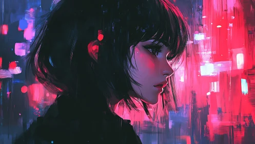 Neon city whispers trace the profile of a solitary dreamer