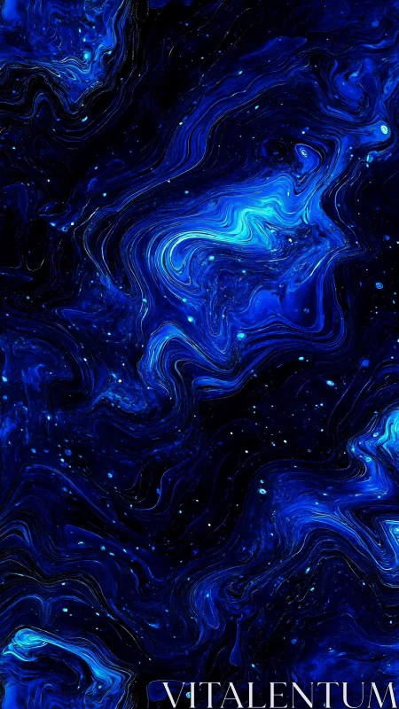 Digital painting of luminous cobalt nebula swirls on black field.