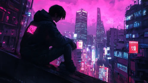 Silhouetted figure surveys neon cyberpunk skyline at dusk