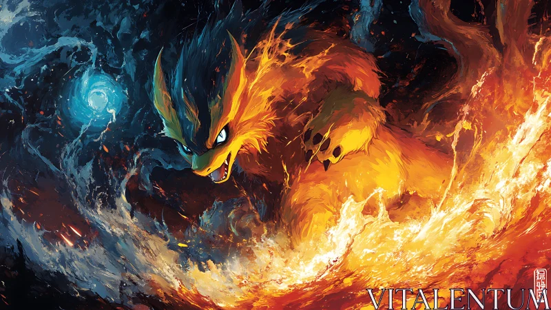 Fiery fox-like creature leaps through swirling elemental flames