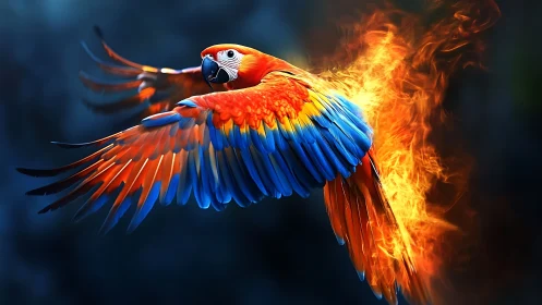 Vibrant macaw flying with flaming wings, surreal digital art.