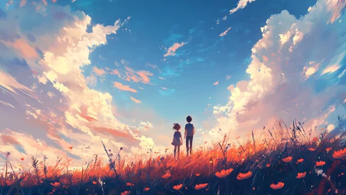 Two children stand in glowing wildflower field under vast sky