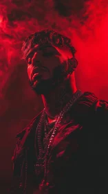 Moody red portrait of man in chains and smoke.