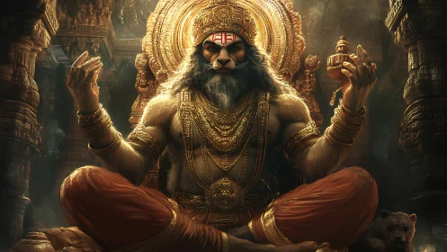 Lion-headed deity figure seated in ornate temple interior.