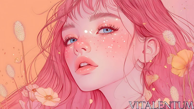 Blushing stardust muse in coral bloom daydreams.