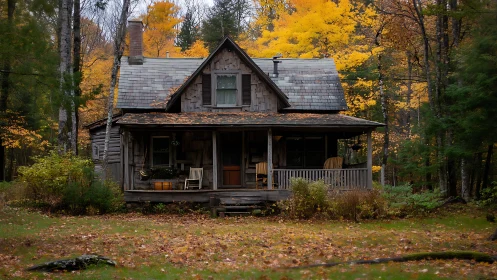Rustic woodland cabin rests quietly in peak autumn color.