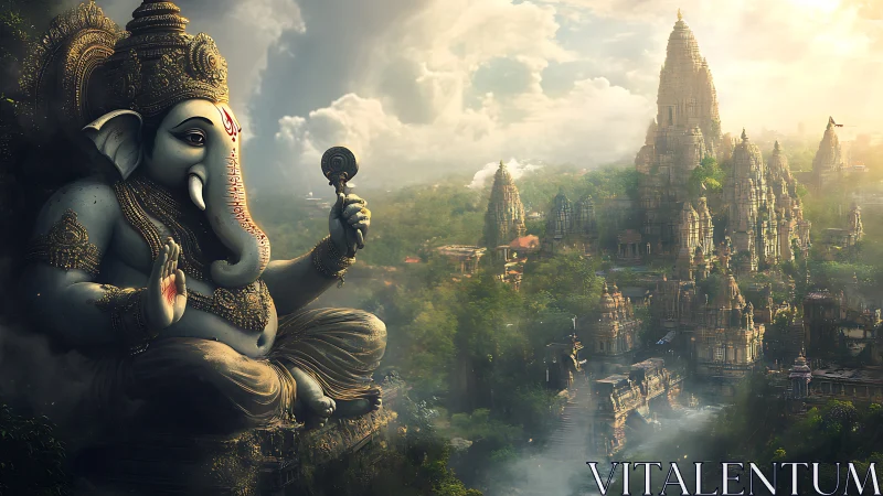 Ganesh statue overlooking dense temple complex at sunrise.