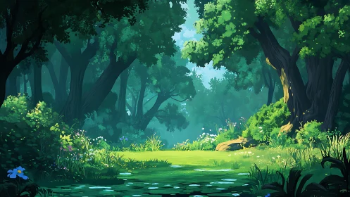 Enchanted Forest Clearing with Ancient Trees and Serene Waterscape