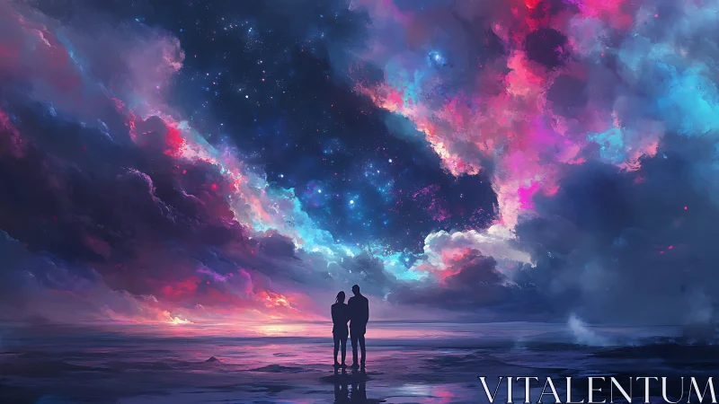 Silhouetted pair under multicolored cosmic sky at shoreline.