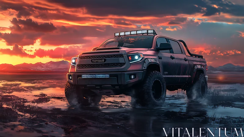 Off-road pickup truck powers through reflective mud at sunset