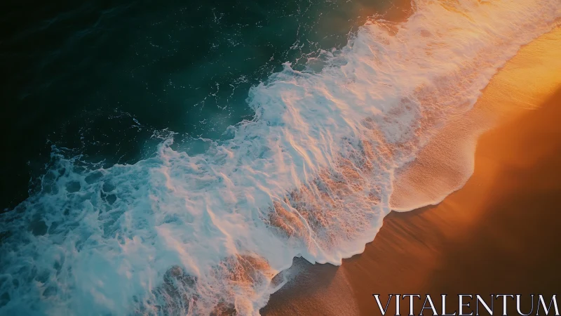 Sunlit surf whispers across ember-gold evening sand