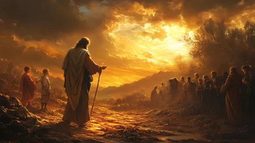 Digital biblical procession under blazing golden sunset sky.