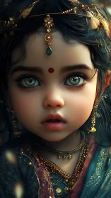 Digital portrait shows ornate child with luminous grey eyes