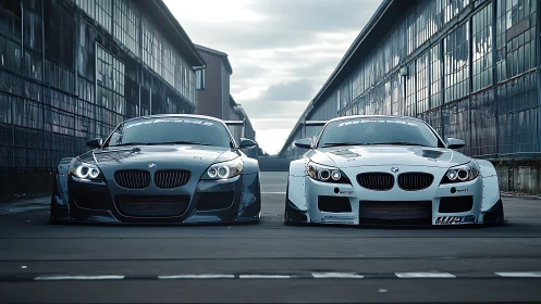 Widebody BMW sports cars facing camera in urban industrial lane.