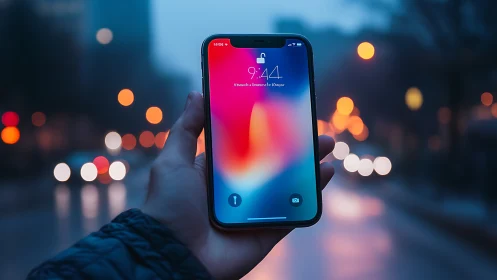 Smartphone display held in urban environment at evening hours.