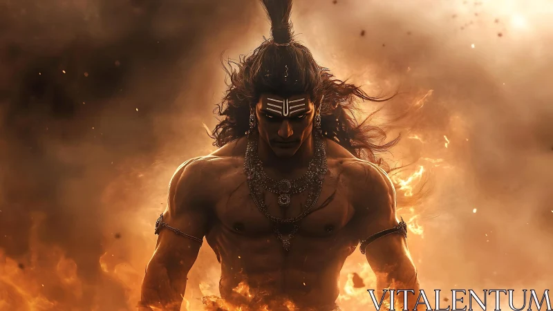 Fiery warrior deity strides forward through swirling embers